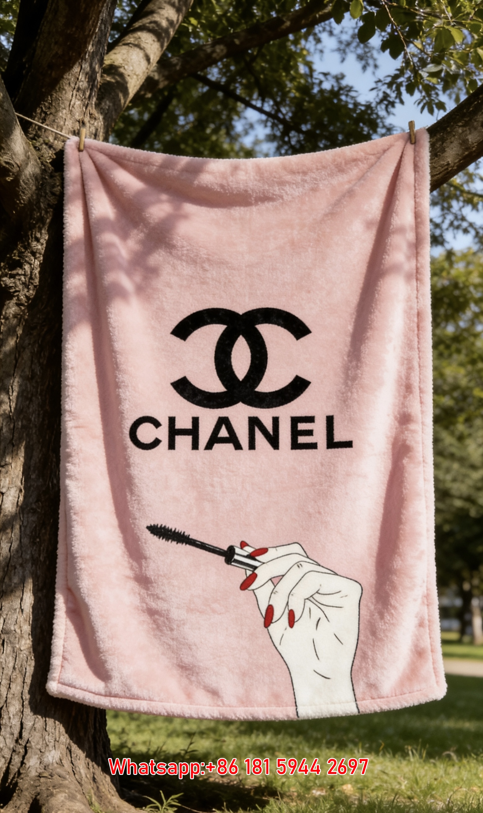 Chic Blush Pink Chanel Double C Logo Flannel Sofa Throw Blanket with Mascara Hand Illustration for Beauty Lover IMG_6985